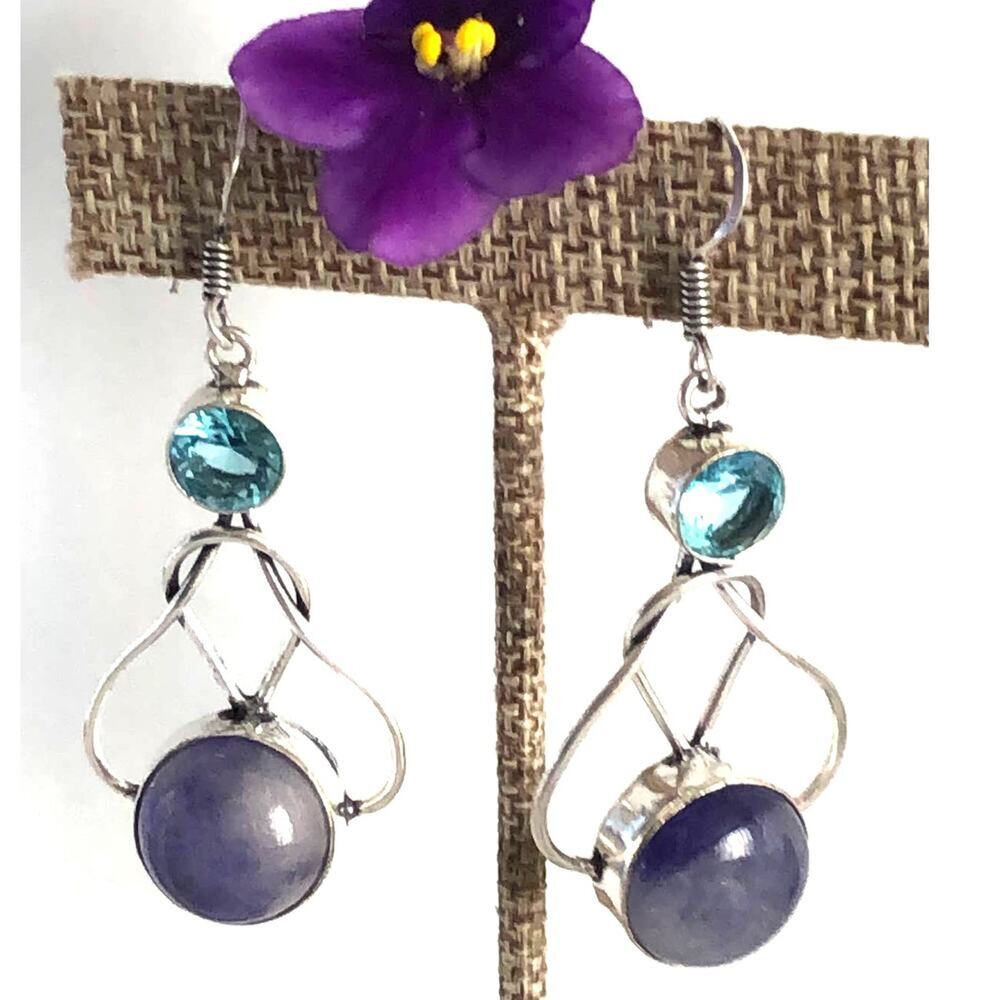 925 Sterling Aventurine & Blue Topaz Dangle Earrings - Picture 2 of 6